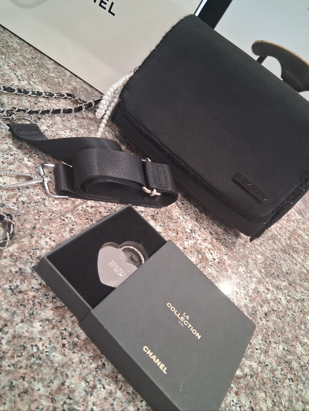 Black Crossbody Bag with Pearl Charm.Chanel Perfums GWP